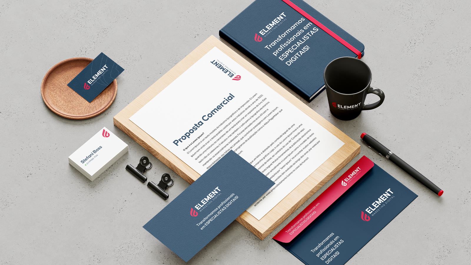 Papelaria da Element: proposta comercial, cartões, caderno e caneca