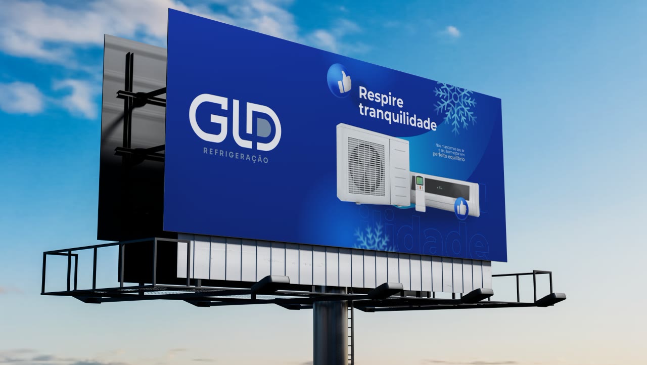 Outdoor azul da GLD Refrigeração com a frase Respire tranquilidade